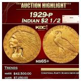 1929-p Gold Indian Quarter Eagle $2 1/2 ms65+ SEGS