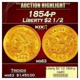 1854-p Gold Liberty Quarter Eagle $2 1/2 ms63 USCG