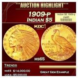 1909-p Gold Indian Half Eagle $5 ms65 USCG