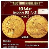 1914-p Gold Indian Quarter Eagle $2 1/2 ms64+ SEGS