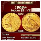 1908-p Gold Indian Quarter Eagle $2 1/2 ms65 SEGS