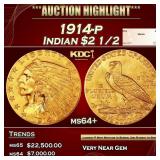 1914-p Gold Indian Quarter Eagle $2 1/2 ms64+ SEGS