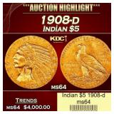 1908-d Gold Indian Half Eagle $5 ms64 USCG