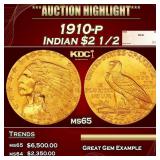 1910-p Gold Indian Quarter Eagle $2 1/2 ms65 SEGS