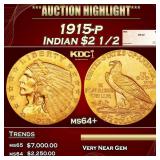 1915-p Gold Indian Quarter Eagle $2 1/2 ms64+ SEGS