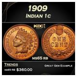 1909 Indian Cent . 1c Grades ms65 rb