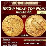 1913-p Gold Indian Half Eagle Near Top Pop! $5 ms6