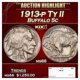 1913-p Ty II Buffalo Nickel 5c ms66 SEGS