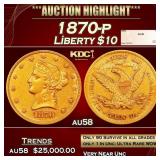 1870-p Gold Liberty Eagle $10 au58 SEGS