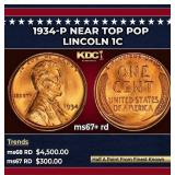 1934-p Lincoln Cent Near Top Pop 1c ms67+ rd SEGS