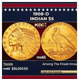1908-d Gold Indian Half Eagle $5 ms65 USCG
