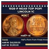 1928-p Lincoln Cent Near Top Pop! 1c ms67+ rd SEGS