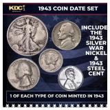 1943 WWII 5 Coin Date Set, 1 Of Each Type Of Coin