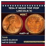 1934-p Lincoln Cent Near Top Pop 1c ms67+ rd SEGS