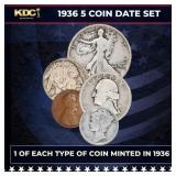 1936 5 Coin Date Set, 1 Of Each Type Of Coin Minte