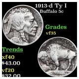 1913-d Ty I Buffalo Nickel 5c Grades vf++