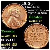 1910-p Lincoln Cent 1c Grades Choice+ Unc RB