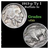 1913-p Ty I Buffalo Nickel 5c Grades vf++