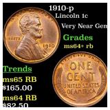 1910-p Lincoln Cent 1c Grades Choice+ Unc RB