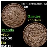 1837 Portsmouth, NH Hard Times Token 1c Grades vf