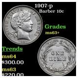 1907-p Barber Dime 10c Grades Select+ Unc