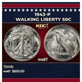 1943-p Walking Liberty Half Dollar 50c ms67 SEGS