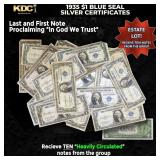 10x 1935 $1 Blue Seal Silver Certificates Heavily