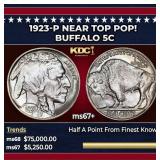1923-p Buffalo Nickel Near Top Pop! 5c ms67+ SEGS