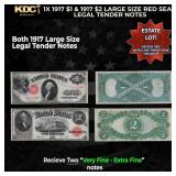 1x 1917 $1 & 1917 $2 Large Size Red Seal Legal Ten