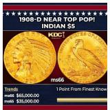 1908-d Gold Indian Half Eagle Near Top Pop! $5 ms6