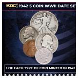 1942 WWII 5 Coin Date Set, 1 Of Each Type Of Coin