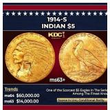 1914-s Gold Indian Half Eagle $5 ms63+ USCG