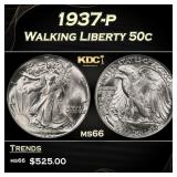 1937-p Walking Liberty Half Dollar 50c Grades ms66