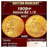 1909-p Gold Indian Quarter Eagle $2 1/2 ms65 SEGS