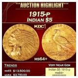 1915-p Gold Indian Half Eagle $5 ms64+ USCG