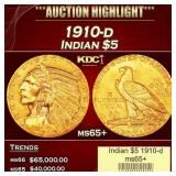 1910-d Gold Indian Half Eagle $5 ms65+ USCG