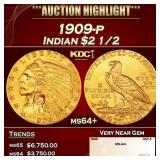 1909-p Gold Indian Quarter Eagle $2 1/2 ms64+ SEGS