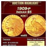 1909-p Gold Indian Half Eagle $5 ms65 USCG