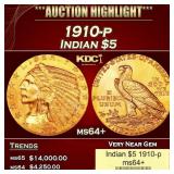 1910-p Gold Indian Half Eagle $5 ms64+ USCG