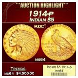 1914-p Gold Indian Half Eagle $5 ms64 USCG