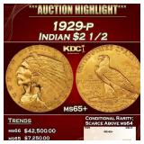1929-p Gold Indian Quarter Eagle $2 1/2 ms65+ SEGS