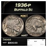 1936-p Buffalo Nickel 5c ms67 SEGS