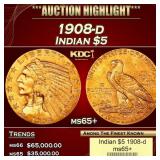 1908-d Gold Indian Half Eagle $5 ms65+ USCG