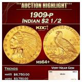 1909-p Gold Indian Quarter Eagle $2 1/2 ms64+ SEGS