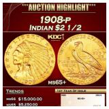 1908-p Gold Indian Quarter Eagle $2 1/2 ms65+ SEGS