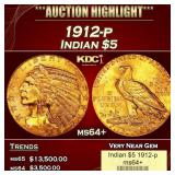 1912-p Gold Indian Half Eagle $5 ms64+ USCG