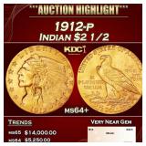 1912-p Gold Indian Quarter Eagle $2 1/2 ms64+ SEGS