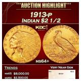 1913-p Gold Indian Quarter Eagle $2 1/2 ms64+ SEGS