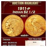 1911-p Gold Indian Quarter Eagle $2 1/2 ms64+ SEGS