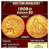 1908-d Gold Indian Half Eagle $5 ms64+ USCG